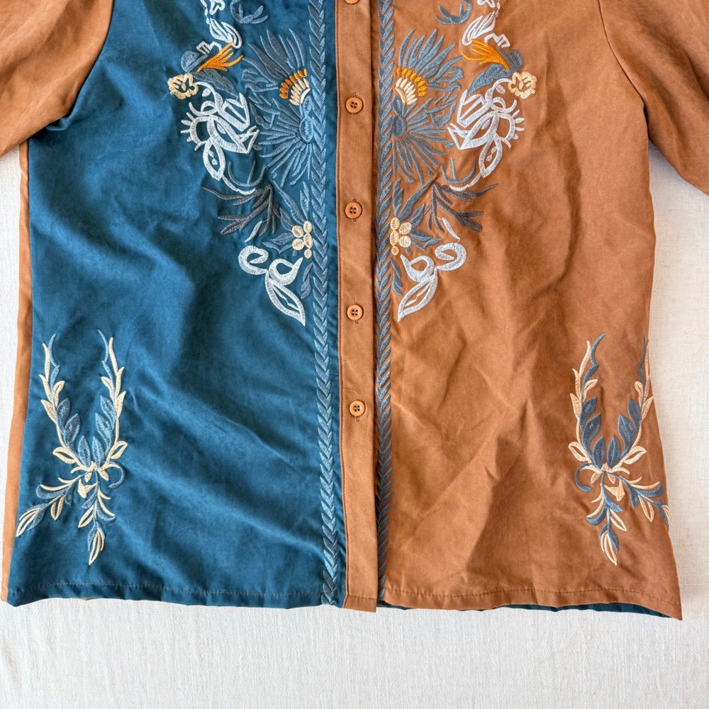Embroidered Western Blouse Small Brown Teal Puff Sleeve Boho Cowgirl Shirt - Picture 9 of 13
